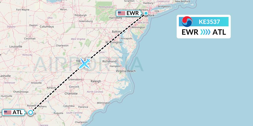 KE3537 Korean Air Flight Map: New York to Atlanta