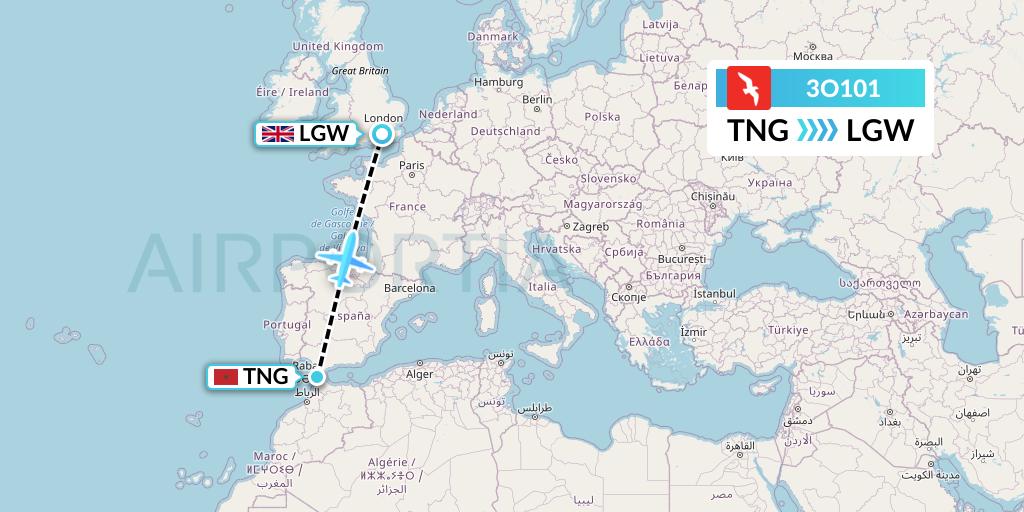 3O101 Air Arabia Maroc Flight Map: Tangier to London