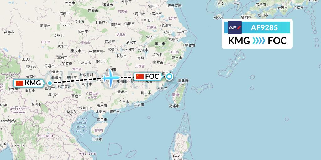 AF9285 Air France Flight Map: Kunming to Fuzhou
