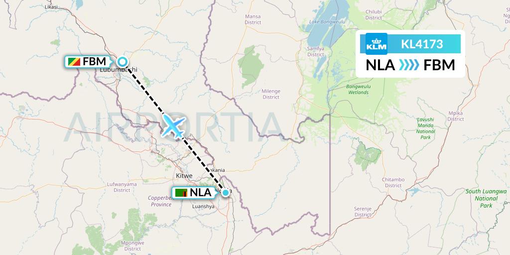 KL4173 KLM Flight Map: Ndola to Lubumbashi