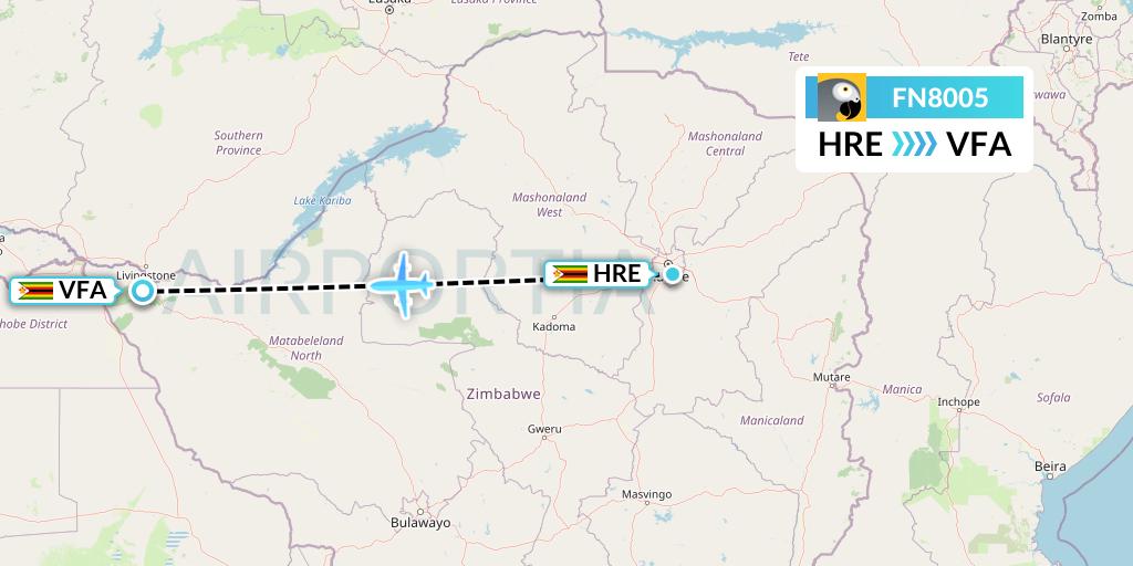 FN8005 Fastjet Flight Map: Harare to Victoria Falls