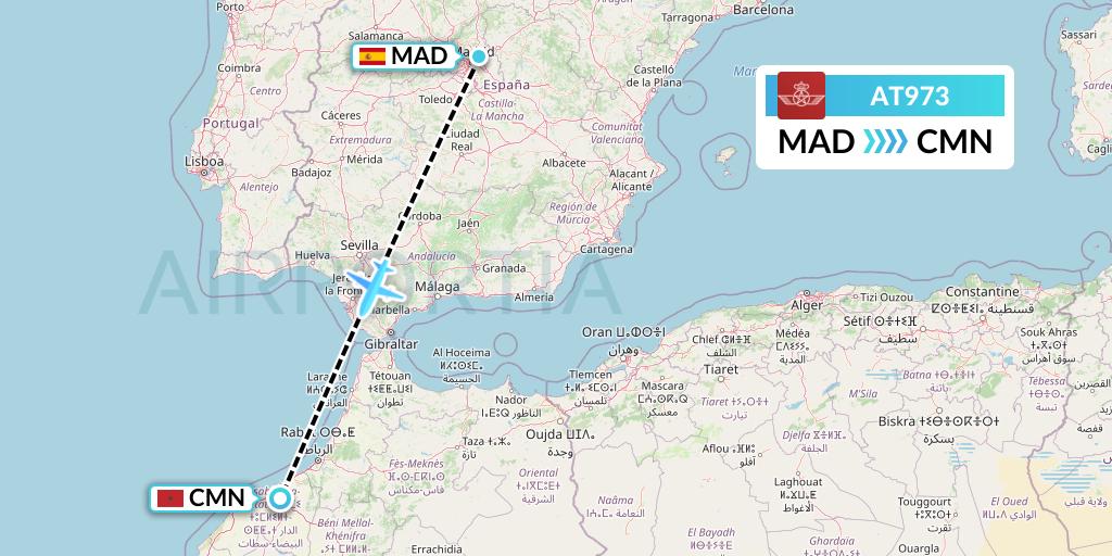 AT973 Royal Air Maroc Flight Map: Madrid to Casablanca