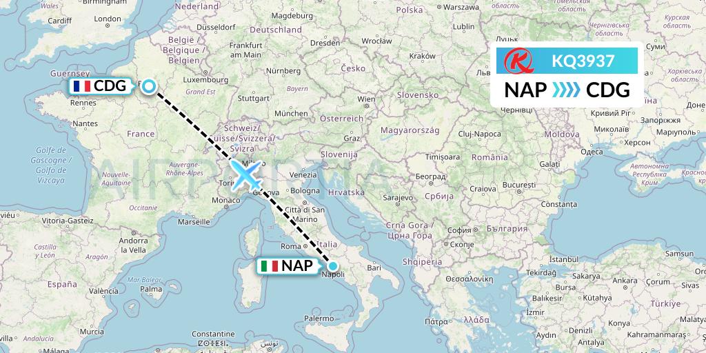 KQ3937 Kenya Airways Flight Map: Naples to Paris