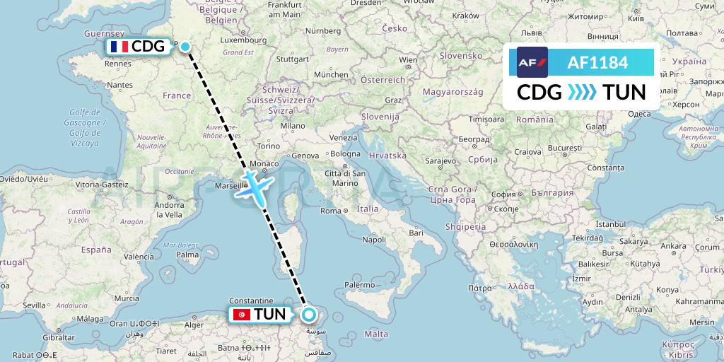 AF1184 Air France Flight Map: Paris to Tunis
