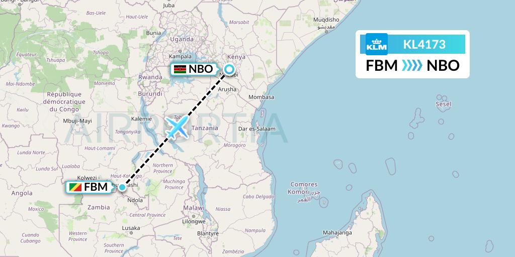 KL4173 KLM Flight Map: Lubumbashi to Nairobi