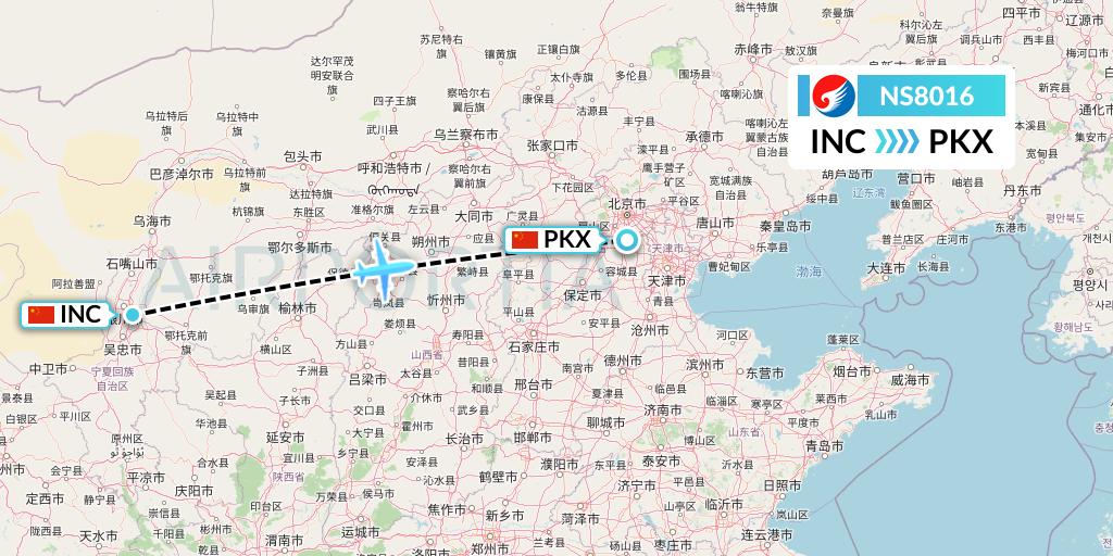 NS8016 Hebei Airlines Flight Map: Yinchuan to Beijing