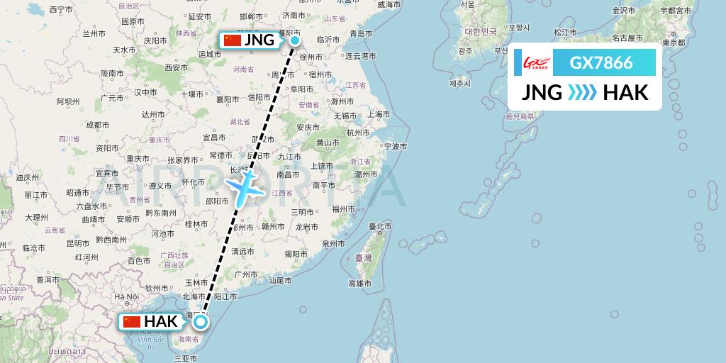 GX7866 GX Airlines Flight Map: Jining to Haikou