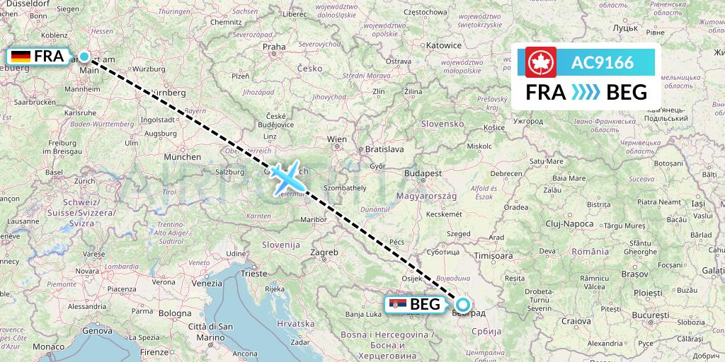 AC9166 Air Canada Flight Map: Frankfurt to Belgrade