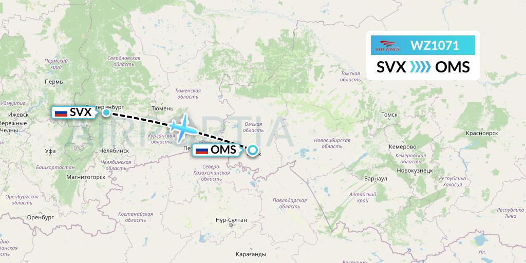 WZ1071 Red Wings Flight Map: Yekaterinburg to Omsk