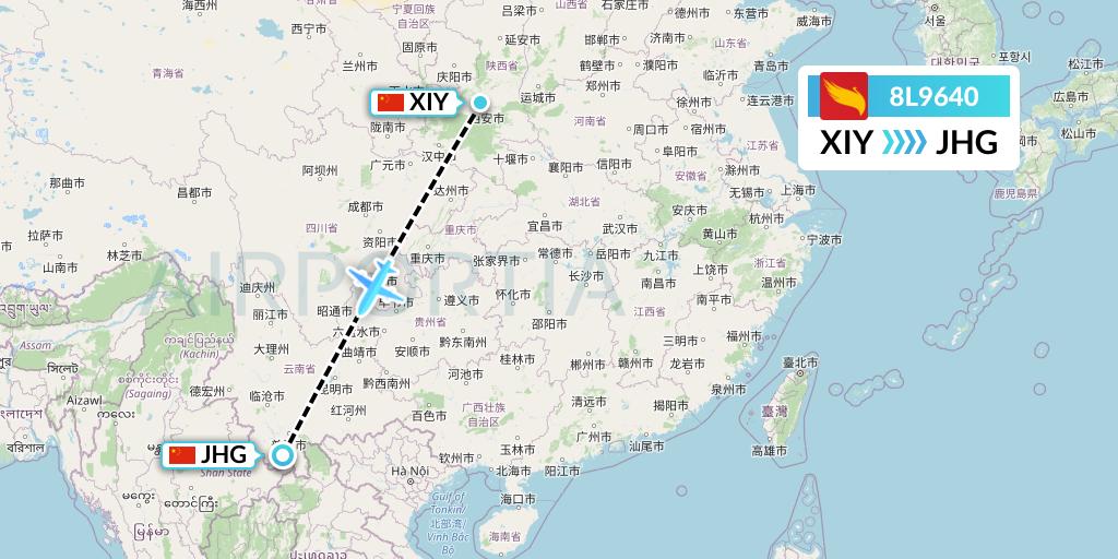 8L9640 Lucky Air Flight Map: Xi'an to Jinghong