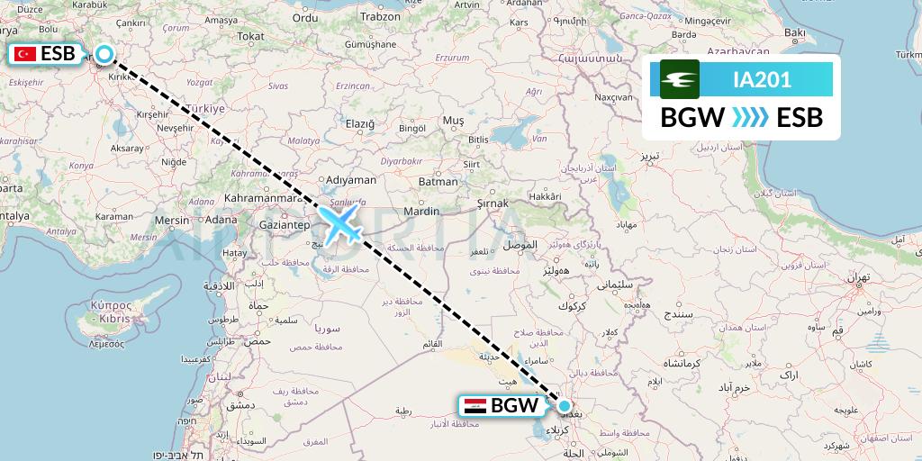 IA201 Iraqi Airways Flight Map: Baghdad to Ankara