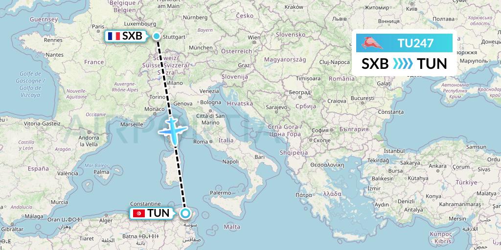 TU247 Tunisair Flight Map: Strasbourg to Tunis