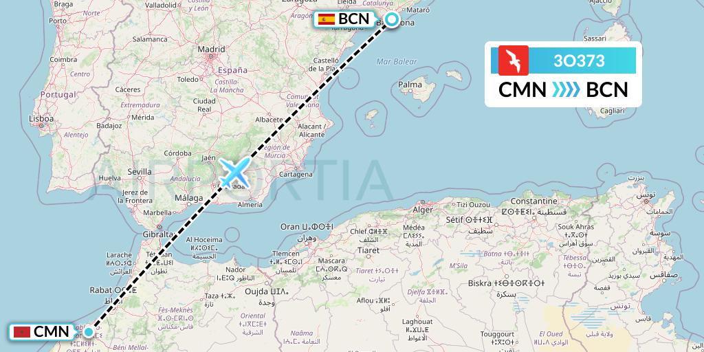 3O373 Air Arabia Maroc Flight Map: Casablanca to Barcelona