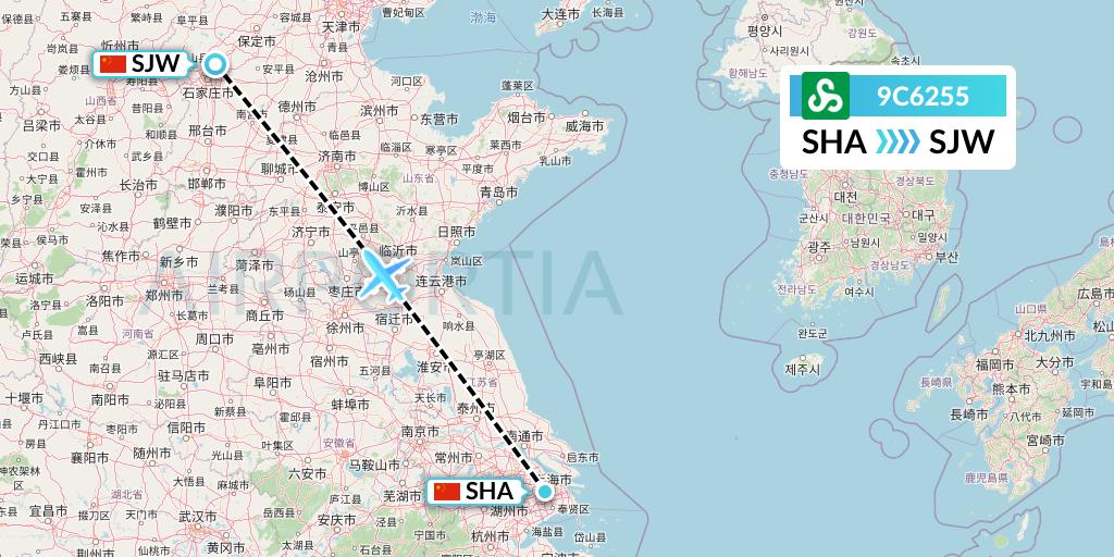 9C6255 Spring Airlines Flight Map: Shanghai to Shijiazhuang