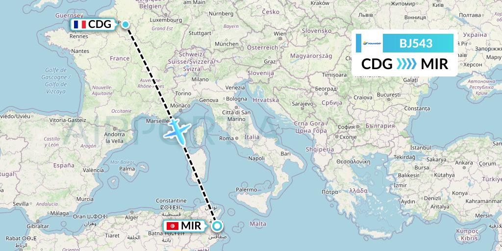 BJ543 Nouvelair Tunisie Flight Map: Paris to Monastir