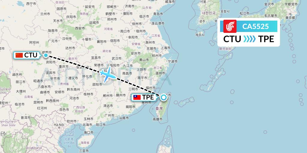 CA5525 Air China Flight Map: Chengdu to Taipei