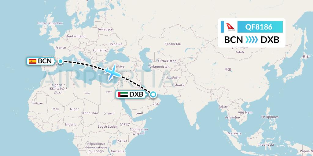 QF8186 Qantas Flight Map: Barcelona to Dubai
