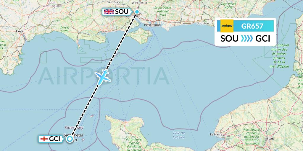 GR657 Aurigny Air Services Flight Map: Southampton to Guernsey