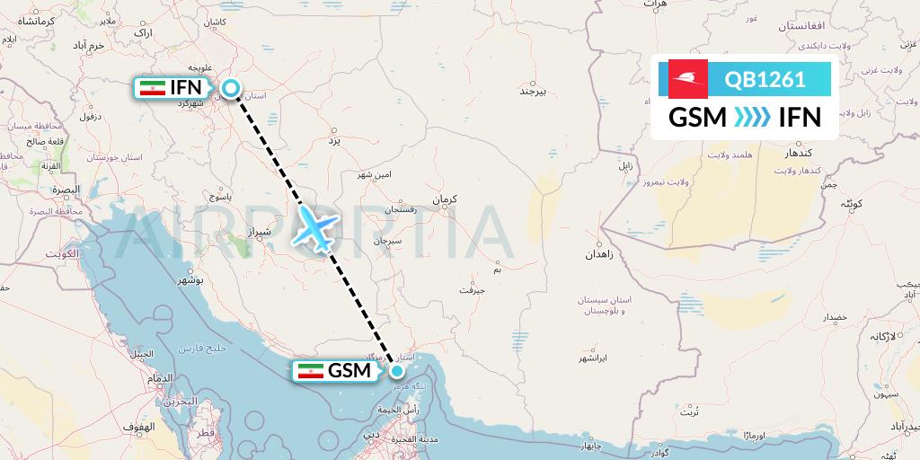 QB1261 Qeshm Airlines Flight Map: Qeshm Island to Isfahan