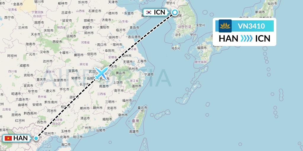 VN3410 Vietnam Airlines Flight Map: Hanoi to Seoul