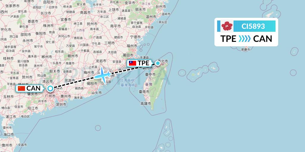 CI5893 China Airlines Flight Map: Taipei to Guangzhou
