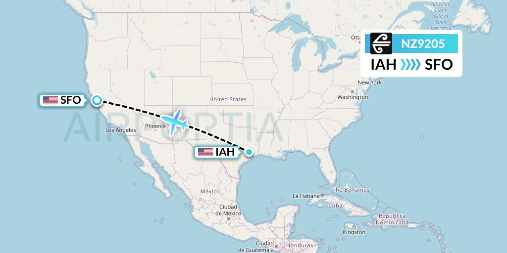 NZ9205 Air New Zealand Flight Map: Houston to San Francisco