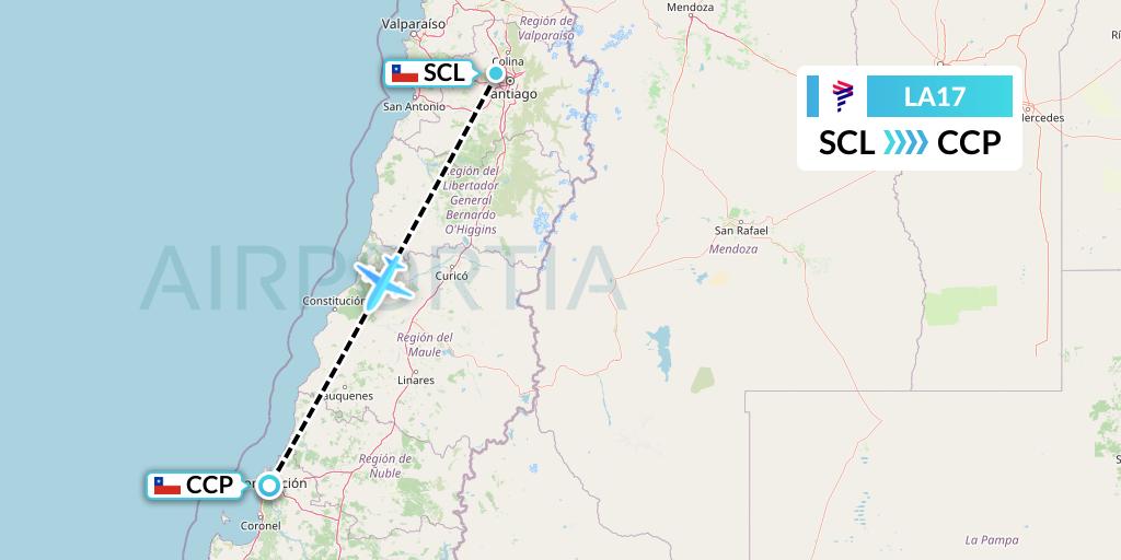 LA17 LAN Airlines Flight Map: Santiago to Concepcion
