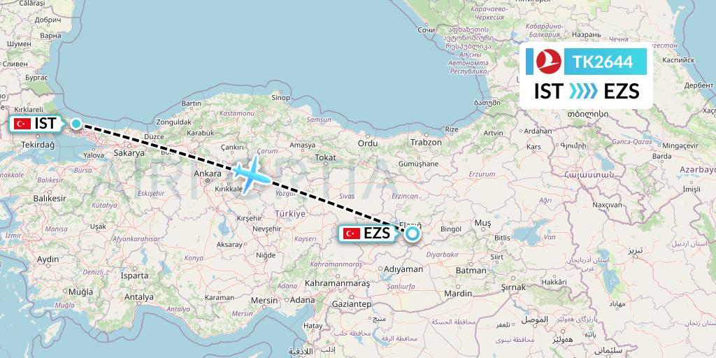 TK2644 Turkish Airlines Flight Map: Istanbul to Elazig