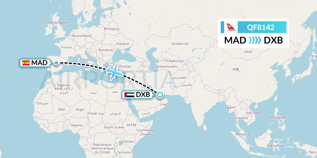 QF8142 Qantas Flight Map: Madrid to Dubai