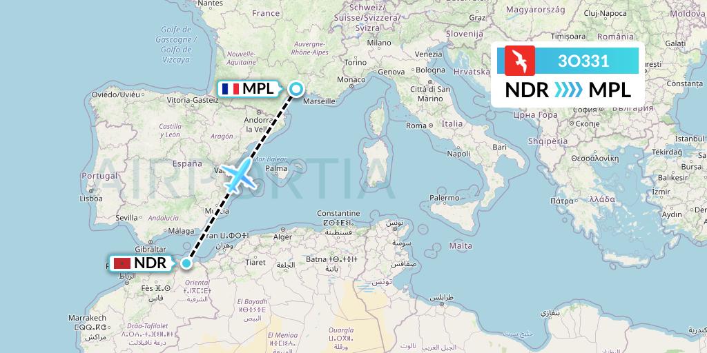 3O331 Air Arabia Maroc Flight Map: Nador to Montpellier