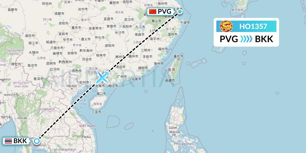 HO1357 Juneyao Airlines Flight Map: Shanghai to Bangkok