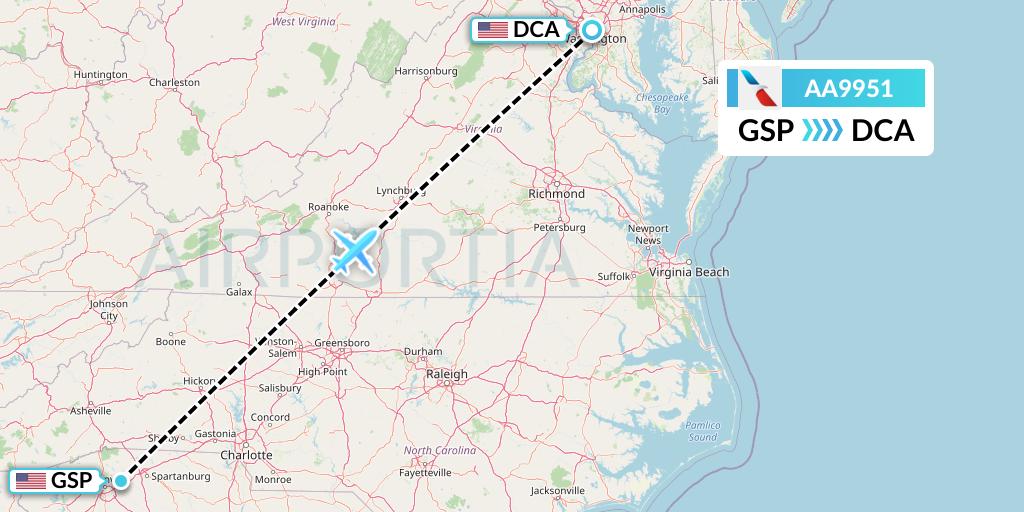 AA9951 American Airlines Flight Map: Greenville-Spartanburg to Washington