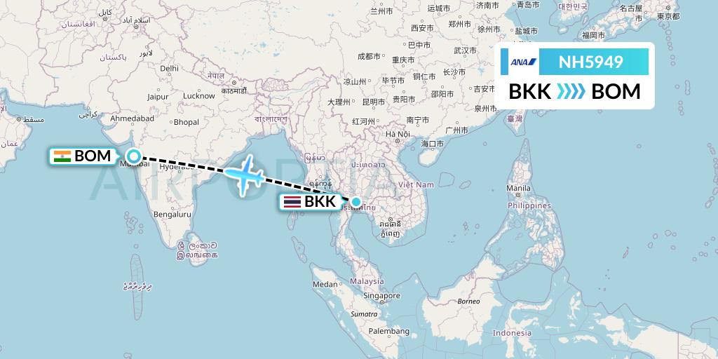 NH5949 All Nippon Airways Flight Map: Bangkok to Mumbai