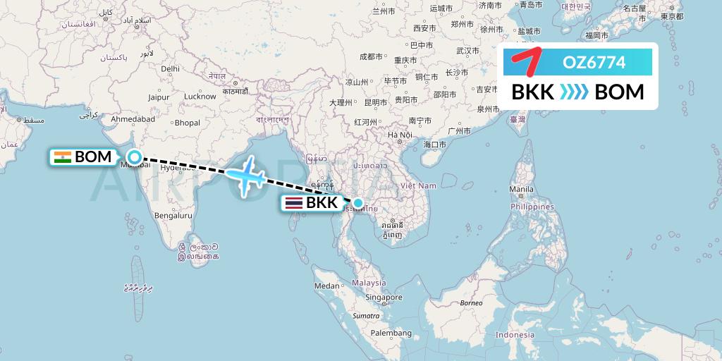 OZ6774 Asiana Airlines Flight Map: Bangkok to Mumbai