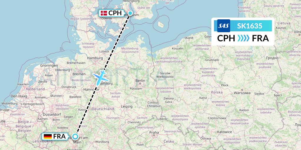 SK1635 SAS Flight Map: Copenhagen to Frankfurt
