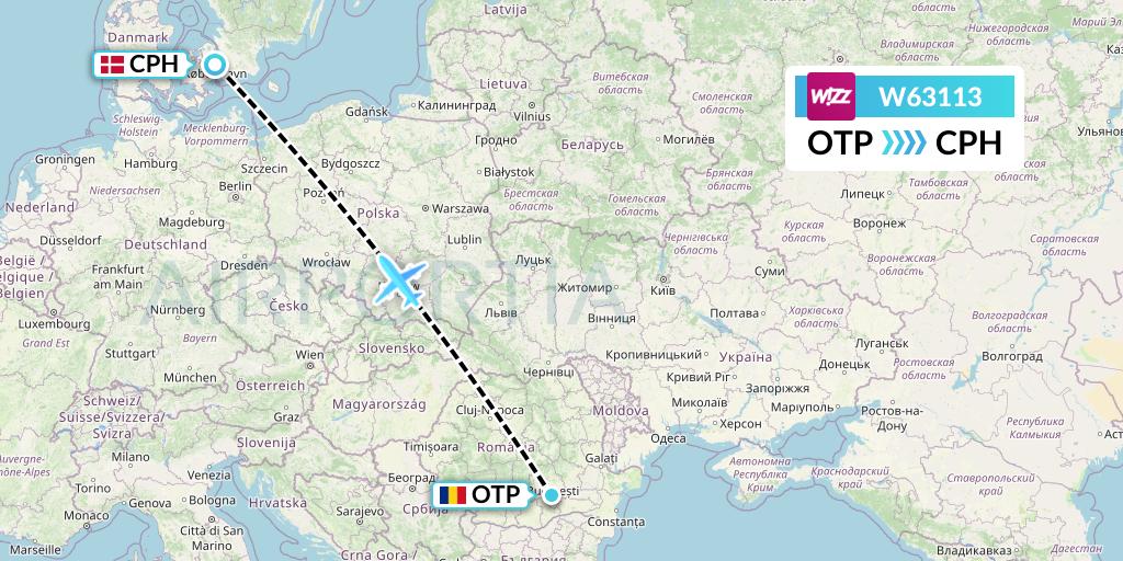 W63113 Wizz Air Flight Map: Bucharest to Copenhagen