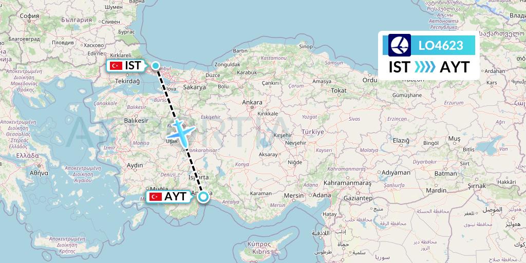 LO4623 LOT Flight Map: Istanbul to Antalya