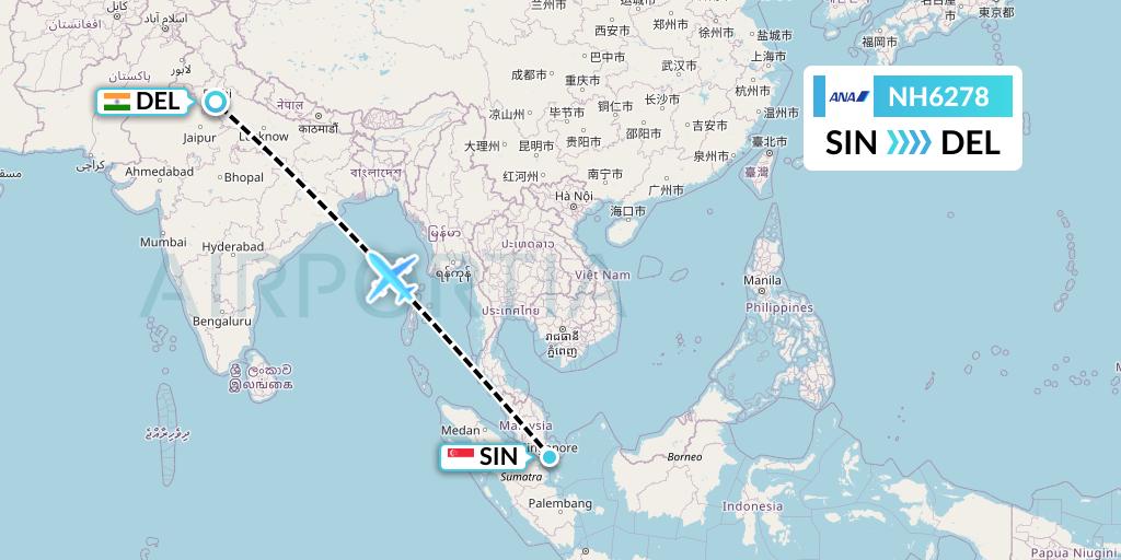 NH6278 All Nippon Airways Flight Map: Singapore to Delhi