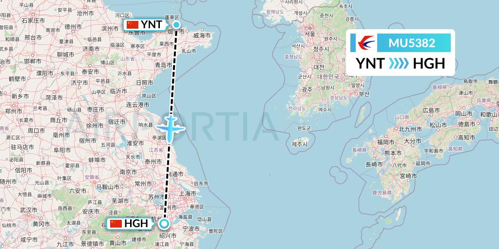 MU5382 China Eastern Airlines Flight Map: Yantai to Hangzhou