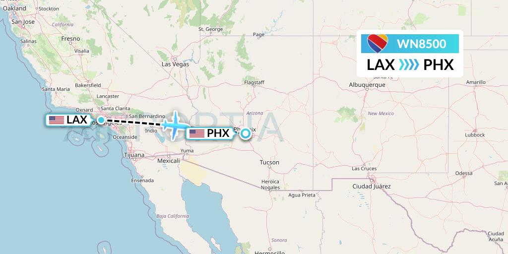 WN8500 Southwest Airlines Flight Map: Los Angeles to Phoenix