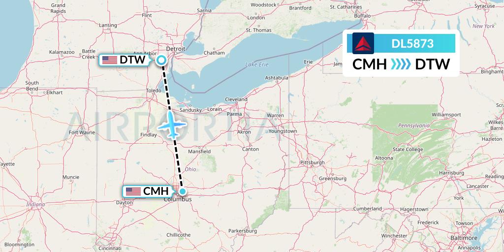 DL5873 Delta Air Lines Flight Map: Columbus to Detroit