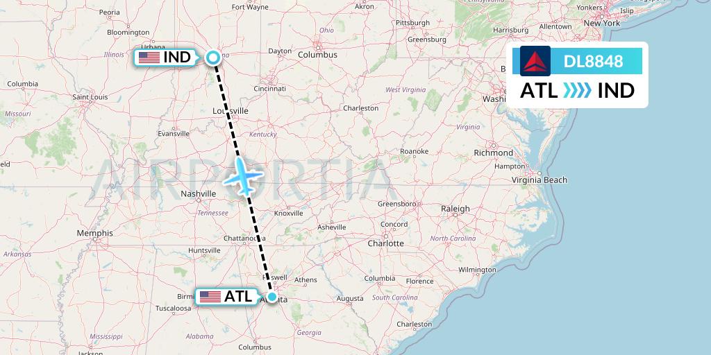DL8848 Delta Air Lines Flight Map: Atlanta to Indianapolis