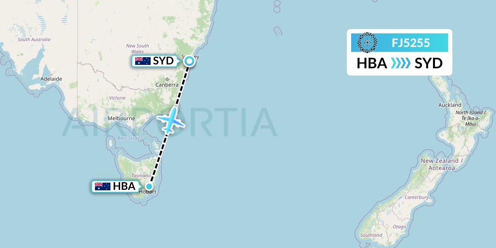 FJ5255 Fiji Airways Flight Map: Hobart to Sydney