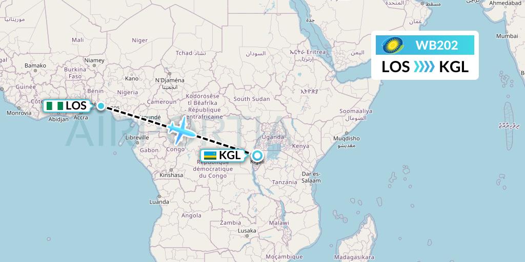 WB202 RwandAir Flight Map: Lagos to Kigali