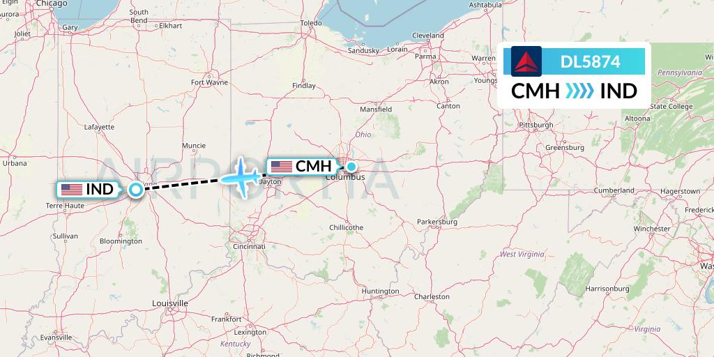 DL5874 Delta Air Lines Flight Map: Columbus to Indianapolis