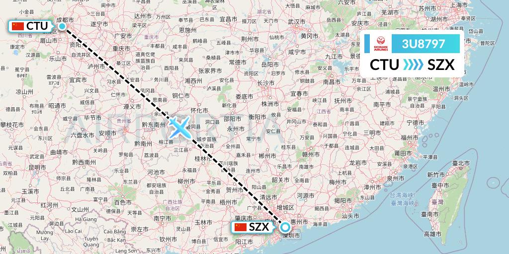 3U8797 Sichuan Airlines Flight Map: Chengdu to Shenzhen