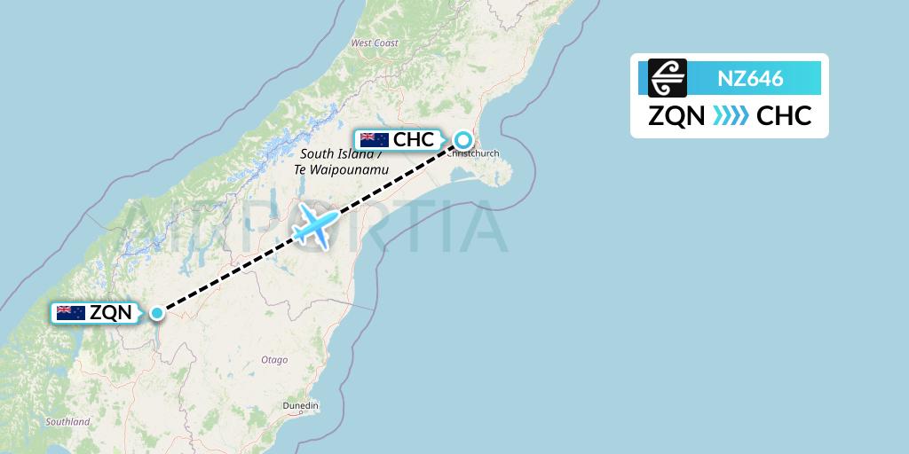 NZ646 Air New Zealand Flight Map: Queenstown to Christchurch