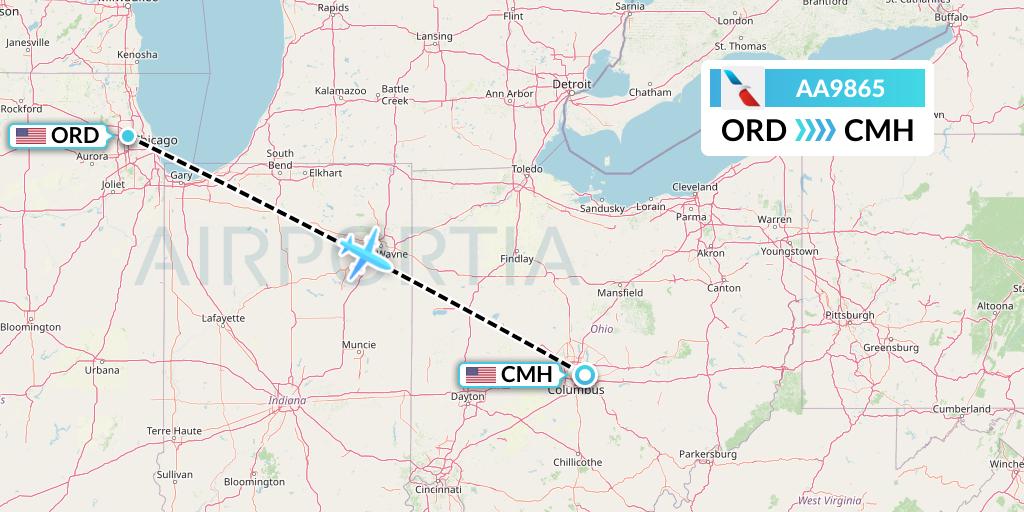 AA9865 American Airlines Flight Map: Chicago to Columbus