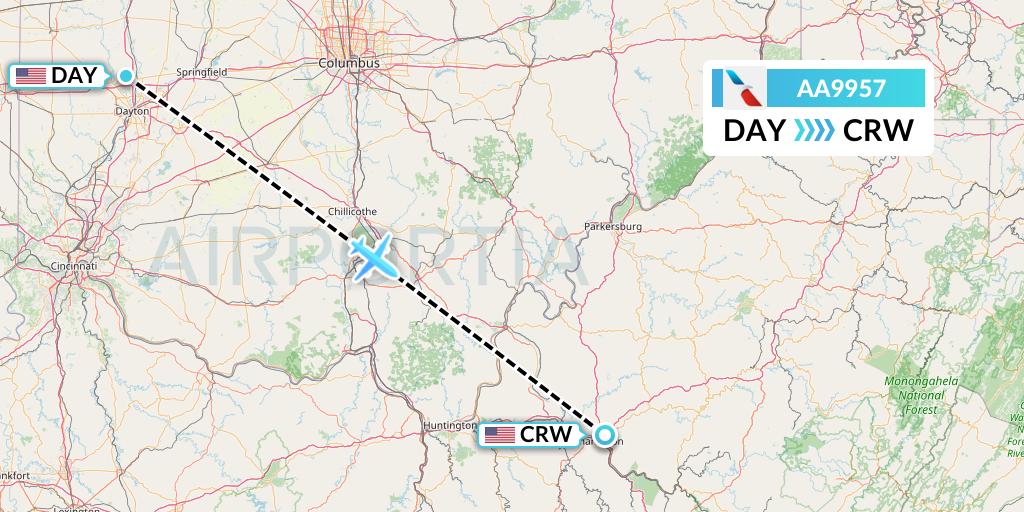 AA9957 American Airlines Flight Map: Dayton to Charleston
