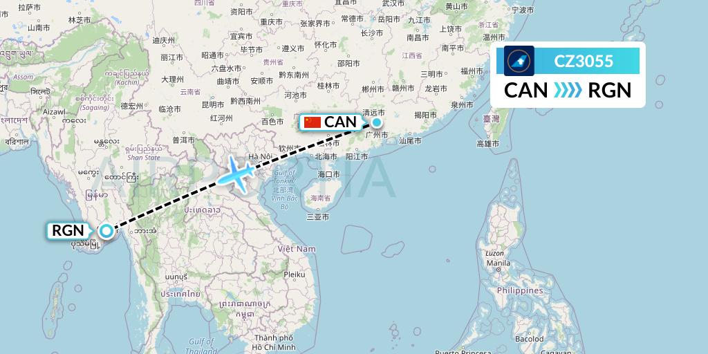 CZ3055 China Southern Airlines Flight Map: Guangzhou to Yangon